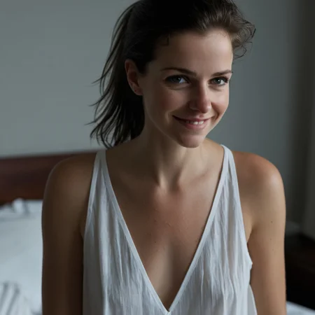 Masterpiece, (8:00 am), overcast dawn, Rembrandt  lighting, photorealistic, sharp focus, medium shot, 1girl, (disheveled, out-of-breath: 1.8) 26-year-old succubus, (cute: 1.5) (petite: 1.3), black hair, (unruly ponytail: 1.3), (small: 1.8, subtle horns), (cleft chin: 1.3) (tiny body: 1.5) (160cm height: 1.5) (small breasts: 1.5)   With Thick Eyelashes, small mouth, (realistic skin texture: 1.3), dark hazel eyes, (extremely delicate: 1.3), in the living room, wearing (only a white sleeveless nightshirt) (intense, ecstatic, delirious smile: 1.8)