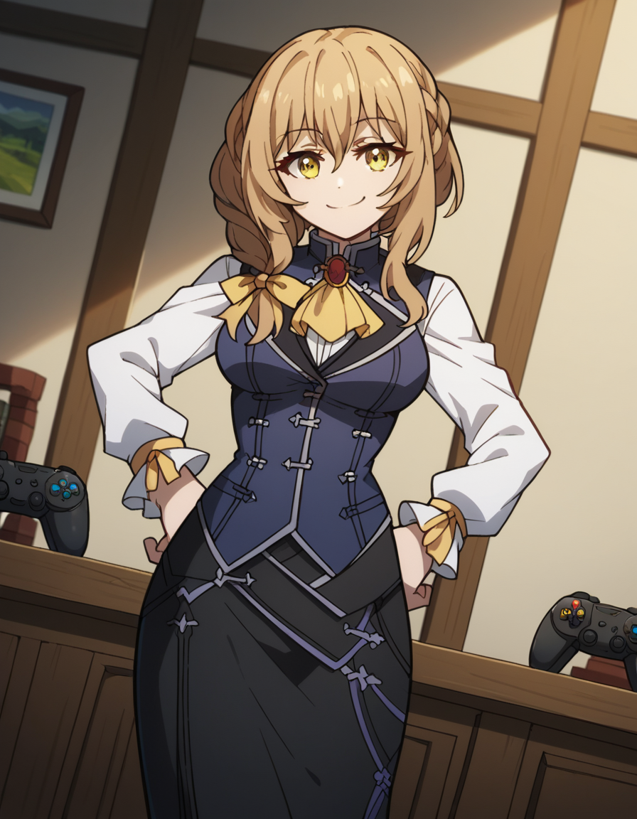 score_9, score_8_up, score_7_up, source_anime, <lora:guild-girl-s2-ponyxl-lora-nochekaiser:1>, guild girl, long hair, brown hair, yellow eyes, braid, single braid, medium breasts, skirt, shirt, long sleeves, white shirt, pantyhose, black skirt, vest, long skirt, yellow ribbon, ascot, yellow ascot,, living room, video game, controller, competitive, fun, afternoon, smile, looking at viewer, smug, hands on hips,, solo,, cowboy shot, dutch angle