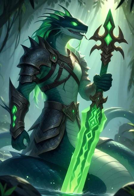 Naga, holding a Glowing Rune Sword, glowing rune armor,