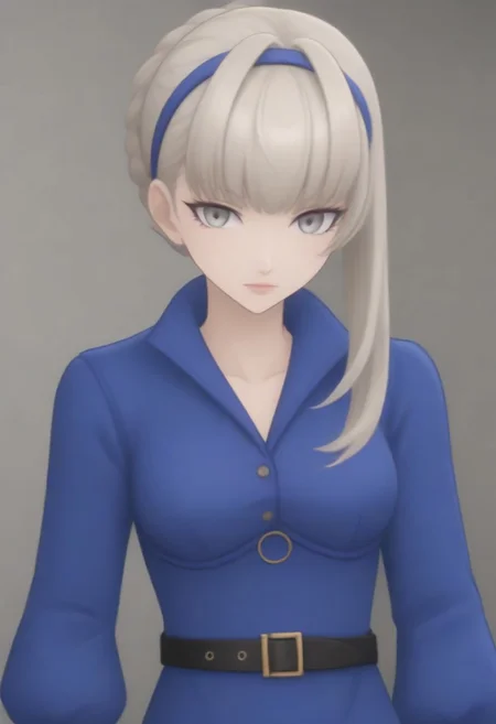 source_anime, anime screencap, source_anime, auratheguillotine, anime screencap, masterpiece, source_anime, shiny skin,,,,,,,,masterpiece,meropep5x, blonde hair, hairband, braid, bangs, grey eyes, blue shirt, belt, black gloves, long blue skirt, black pantyhose,