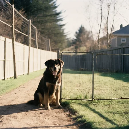analog film photo of <lora:Film Stock Footage Style:1>
low angle from below a Wide view of a dog sitting on the ground near a fence looking at camera in bright overexposed morning daylight Kodak Ektar Film Stock Footage Style, faded film, desaturated, 35mm photo, grainy, vignette, vintage, Kodachrome, Lomography, stained, highly detailed, found footage