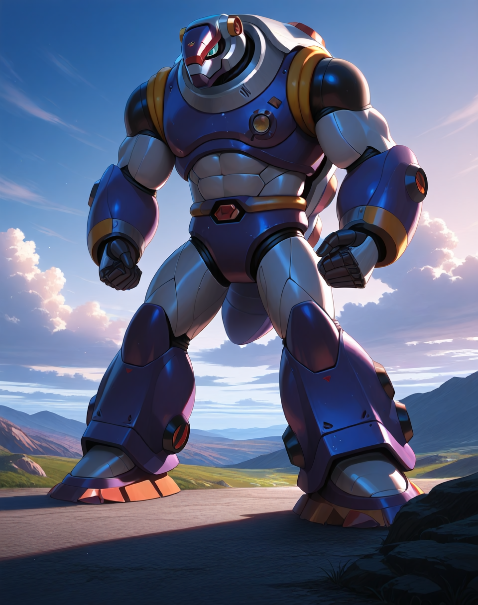 <lora:Armored_Armadillo_(Mega_Man_X)_(Illustrious)_(AD):1.35> Armored Armadillo, reploid, MMX, 
((
exterior, video game background, sky with clouds, 
male focus, intense shadows, dynamic shadows, intricate details, attention to details, gradient coloring, robot, hyper muscular, abs, 
):1.5), 
BREAK very awa, masterpiece, best quality, amazing quality, very aesthetic, highres, absurdres, 
EZRealPONYXL, zPDXL, Smooth Quality, lazynsfw,