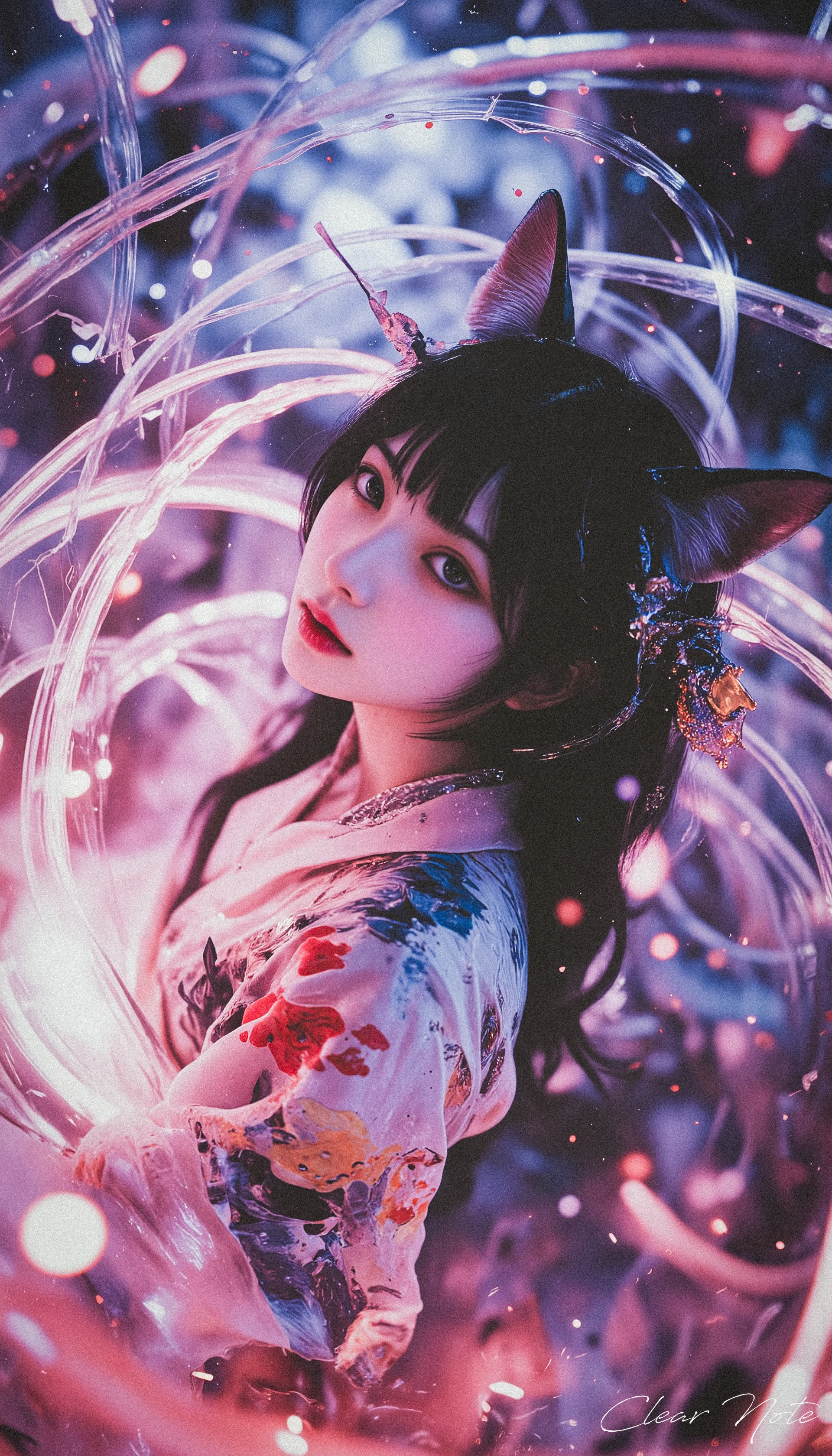 Neo Photorealistic Art Style, A surreal Japanese girl with long fox ears, flowing black hair, in a floral white kimono, standing in a futuristic Neo-Japan with warped space and a timeless aura.