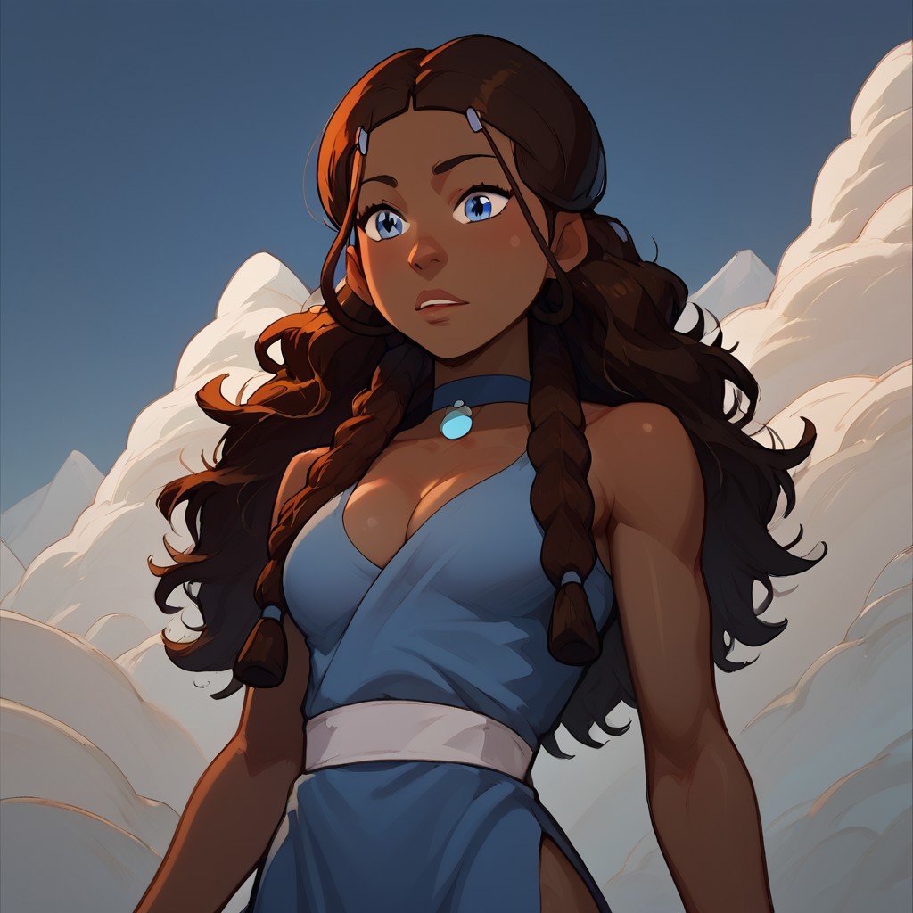 katara, 1girl, dark skin, brown hair, blue eyes, braid, blue dress, blue choker, sidelocks, score_9, score_8_up, score_7_up, score_6_up, detailed eyes, beautiful, detailed background, perfect eyes, source_anime, very aesthetic, anime screencap, anime coloring, easynegative, Expressiveh, solo, perfect body, average sized breasts, rounded breasts, perfect breasts, defined body, toned body, athletic butt, defined butt, thick thighs, toned thighs, looking at viewer.
blue dress, blue long dress water tribe clothing, blue choker, choker with jewels, slit dress, leg show, neckline, cleavage, standing, water tribe background, snow