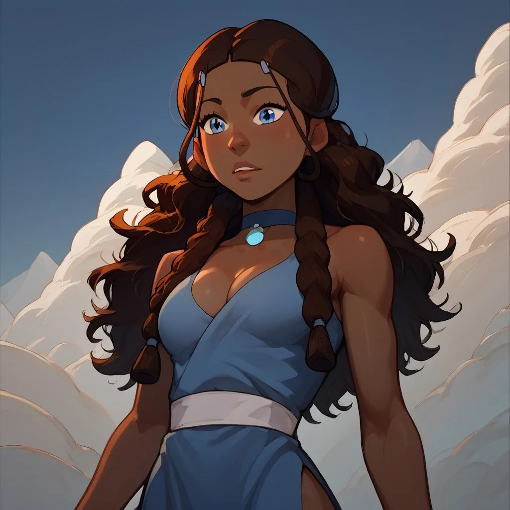 katara, 1girl, dark skin, brown hair, blue eyes, braid, blue dress, blue choker, sidelocks, score_9, score_8_up, score_7_up, score_6_up, detailed eyes, beautiful, detailed background, perfect eyes, source_anime, very aesthetic, anime screencap, anime coloring, easynegative, Expressiveh, solo, perfect body, average sized breasts, rounded breasts, perfect breasts, defined body, toned body, athletic butt, defined butt, thick thighs, toned thighs, looking at viewer.
blue dress, blue long dress water tribe clothing, blue choker, choker with jewels, slit dress, leg show, neckline, cleavage, standing, water tribe background, snow