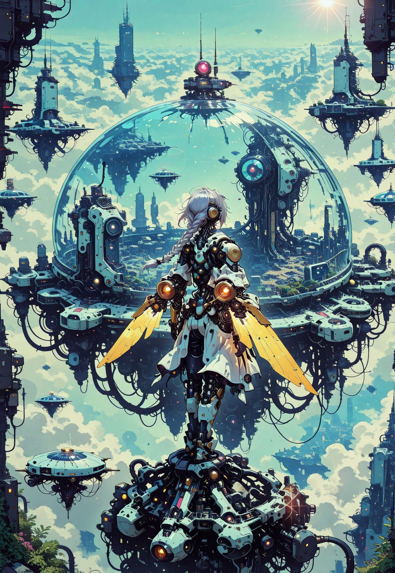 1girl, from behind, silver hair, long single braid,  floating hair, mechanical body parts, golden mechanical wings, full body, solo focus, focused subject, standing on sky bridge, in the sky, sky city, floating island, futuristic architecture,  glass dome, bright sunlight, lens flares, dreamy atmosphere, scenery, space ships, plants, lush nature, no humans, no ground, cyberpunk, science fiction, high fantasy, aerial view, depth of field, perspective, anime screencap,  painterly, ray tracing,cinematic lighting, no line art, no outline, photo (medium), film grain, fine art, masterpiece, best quality, good quality, very awa, very aesthetic, absurdres, newest, in the style of cksc,in the style of cknc