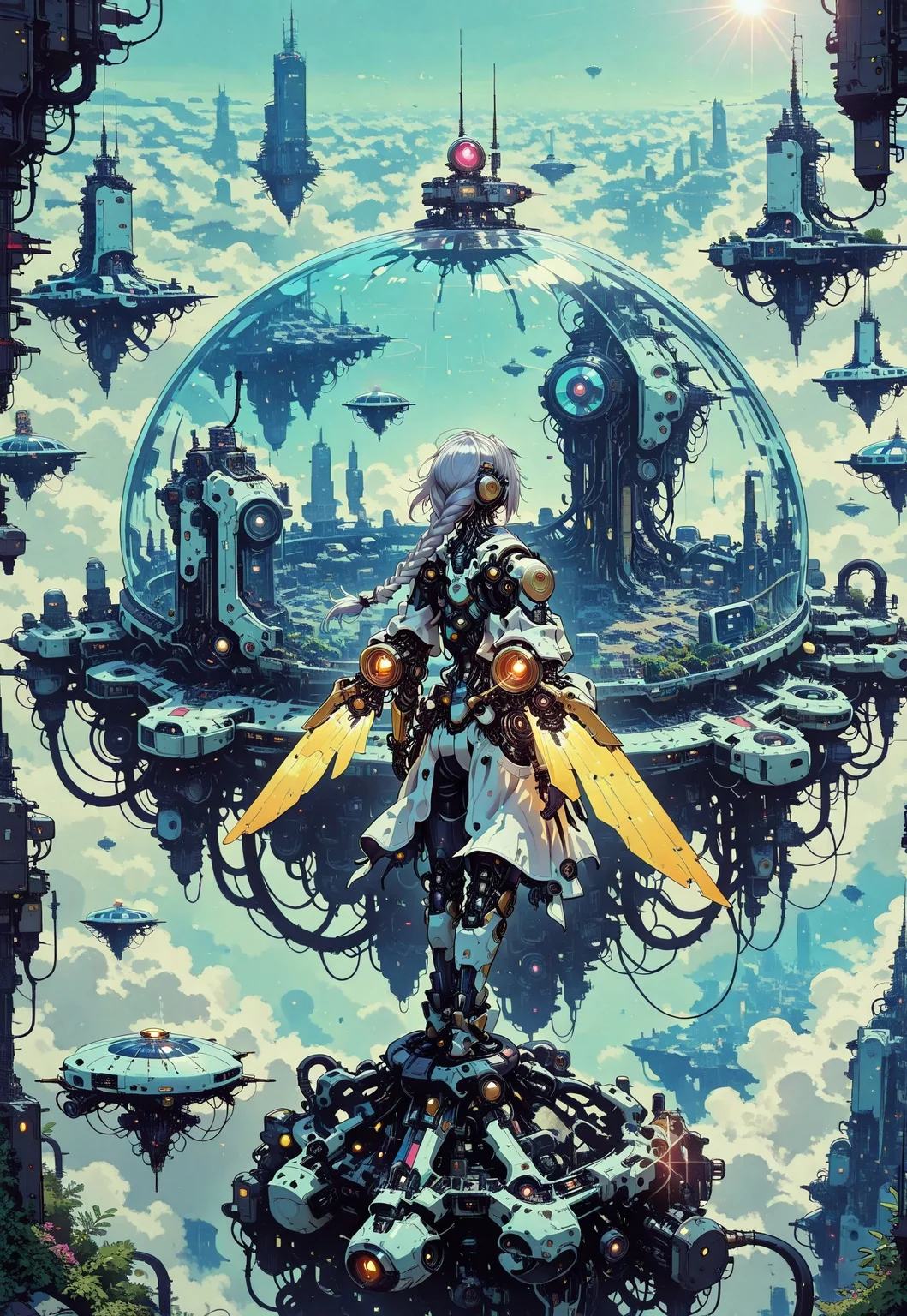 1girl, from behind, silver hair, long single braid, floating hair, mechanical body parts, golden mechanical wings, full body, solo focus, focused subject, standing on sky bridge, in the sky, sky city, floating island, futuristic architecture, glass dome, bright sunlight, lens flares, dreamy atmosphere, scenery, space ships, plants, lush nature, no humans, no ground, cyberpunk, science fiction, high fantasy, aerial view, depth of field, perspective, anime screencap, painterly, ray tracing,cinematic lighting, no line art, no outline, photo (medium), film grain, fine art, masterpiece, best quality, good quality, very awa, very aesthetic, absurdres, newest, in the style of cksc,in the style of cknc