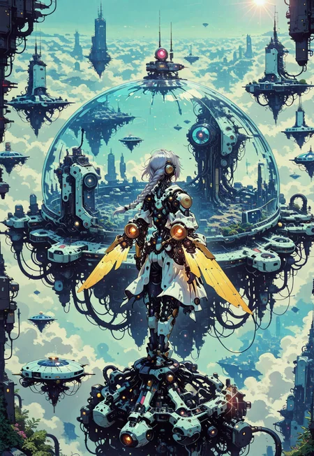 1girl, from behind, silver hair, long single braid,  floating hair, mechanical body parts, golden mechanical wings, full body, solo focus, focused subject, standing on sky bridge, in the sky, sky city, floating island, futuristic architecture,  glass dome, bright sunlight, lens flares, dreamy atmosphere, scenery, space ships, plants, lush nature, no humans, no ground, cyberpunk, science fiction, high fantasy, aerial view, depth of field, perspective, anime screencap,  painterly, ray tracing,cinematic lighting, no line art, no outline, photo (medium), film grain, fine art, masterpiece, best quality, good quality, very awa, very aesthetic, absurdres, newest, in the style of cksc,in the style of cknc