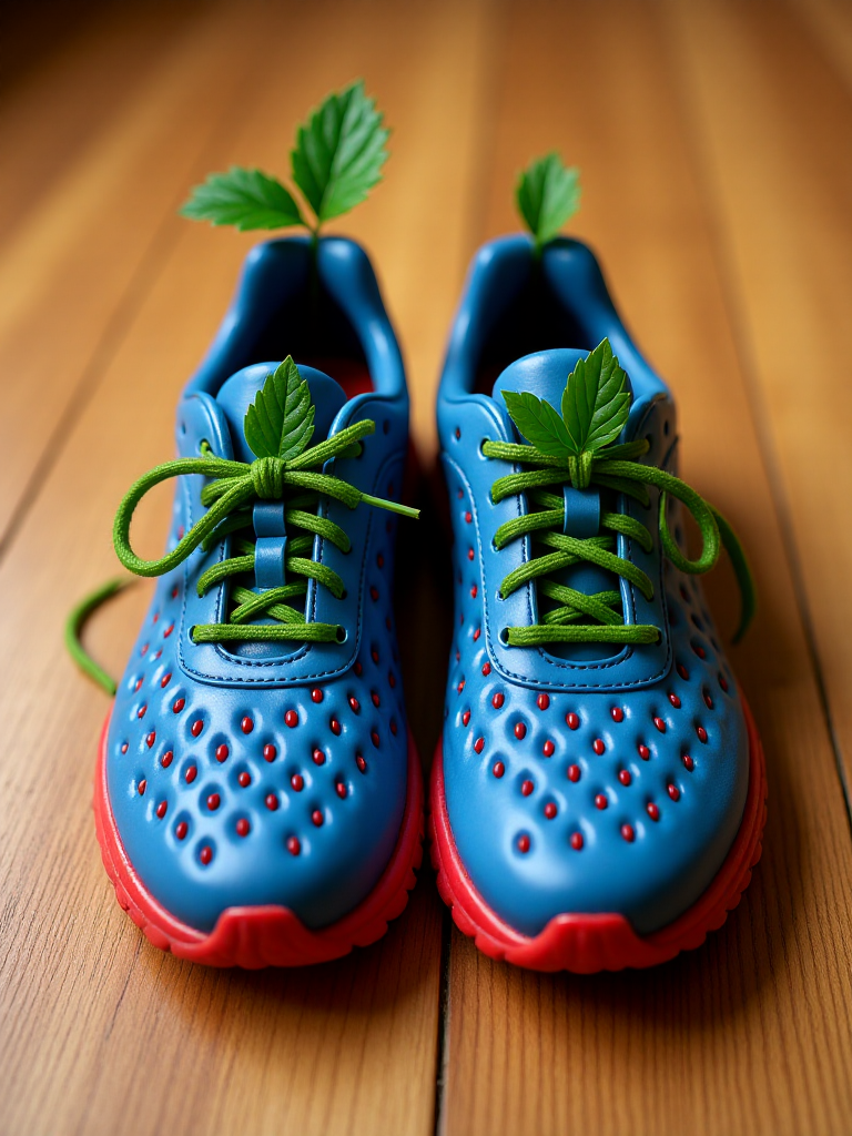 A pair of running shoes rest side by side on a wooden floor, their surface crafted from matte blue strawberry skin with dark red seeds. The laces are slender green tendrils, tied loosely in front. a single strawberry leaf curls from the heel like a design flourish.
<lora:FruitCore-StrawberryShift-0.3:1>