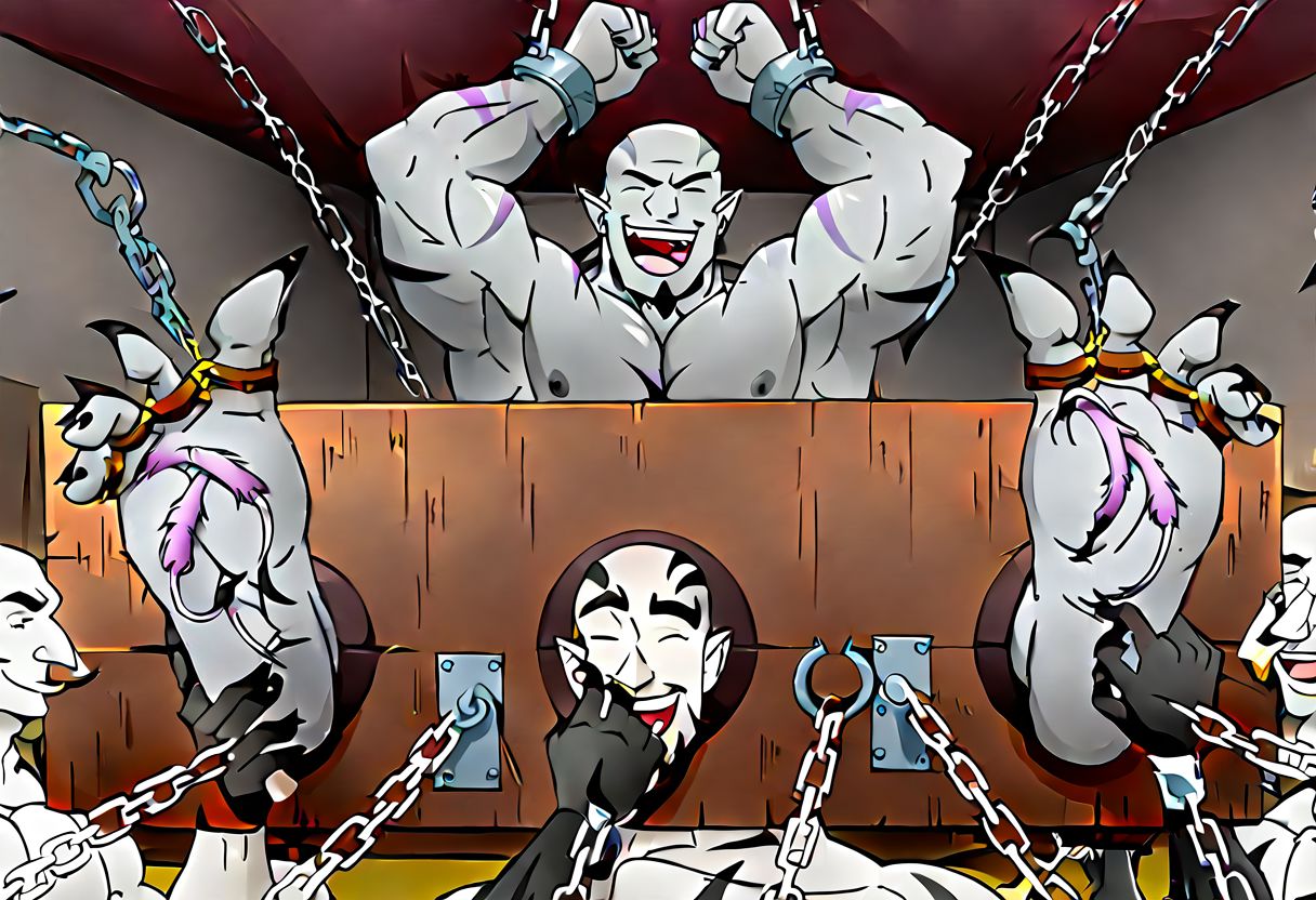 Handsome , tall, muscular, shirtless bald Goliath, with gray skin  laughing with his hands above head tied to the ceiling with chains and his feet in metal stocks, feet tickled by handsome muscular tiefling males, armpit tickling by hands, hellish background