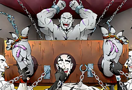 Handsome , tall, muscular, shirtless bald Goliath, with gray skin laughing with his hands above head tied to the ceiling with chains and his feet in metal stocks, feet tickled by handsome muscular tiefling males, armpit tickling by hands, hellish background