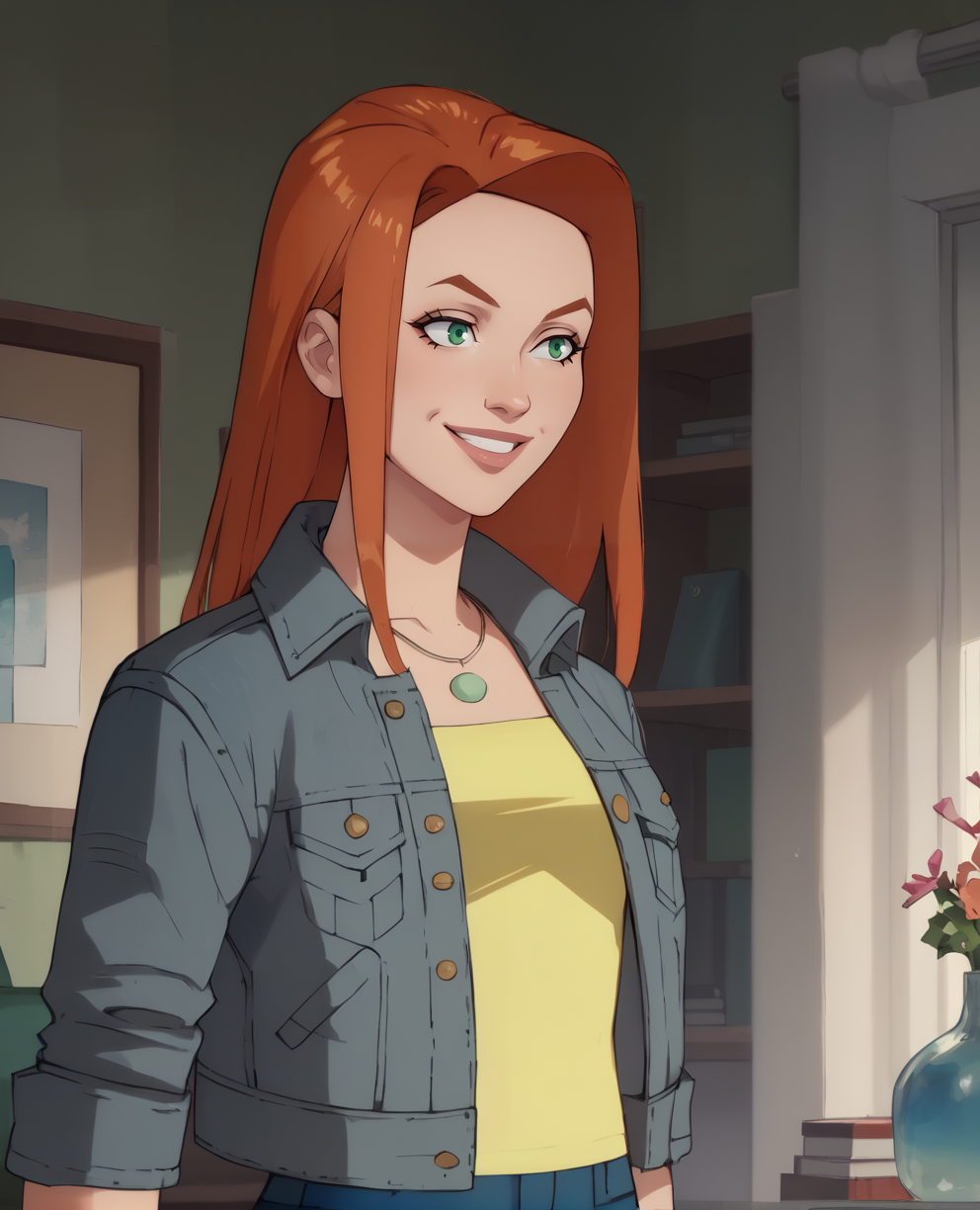score_9,score_8_up,
atomevexl,green eyes,orange hair,
jean jacket,yellow shirt,necklace,
standing,smile,upper body,
indoors,living room, 
<lora:AtomeEve:1>,