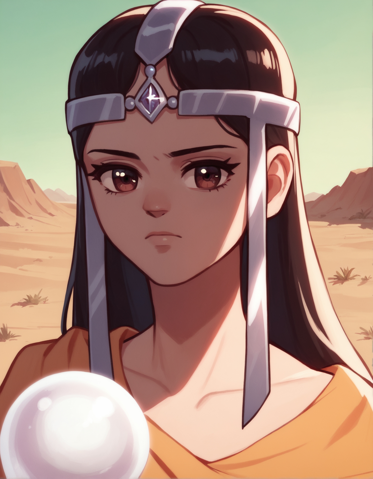 score_9, score_8_up, score_7_up,score_6_up,high resolution,close-up,mrl,1girl,in a desert,dress,circlet,volumetric lighting,rim lighting,dof,dramatic shadow,looking at viewer,standing,crystal ball, j0j0styl3