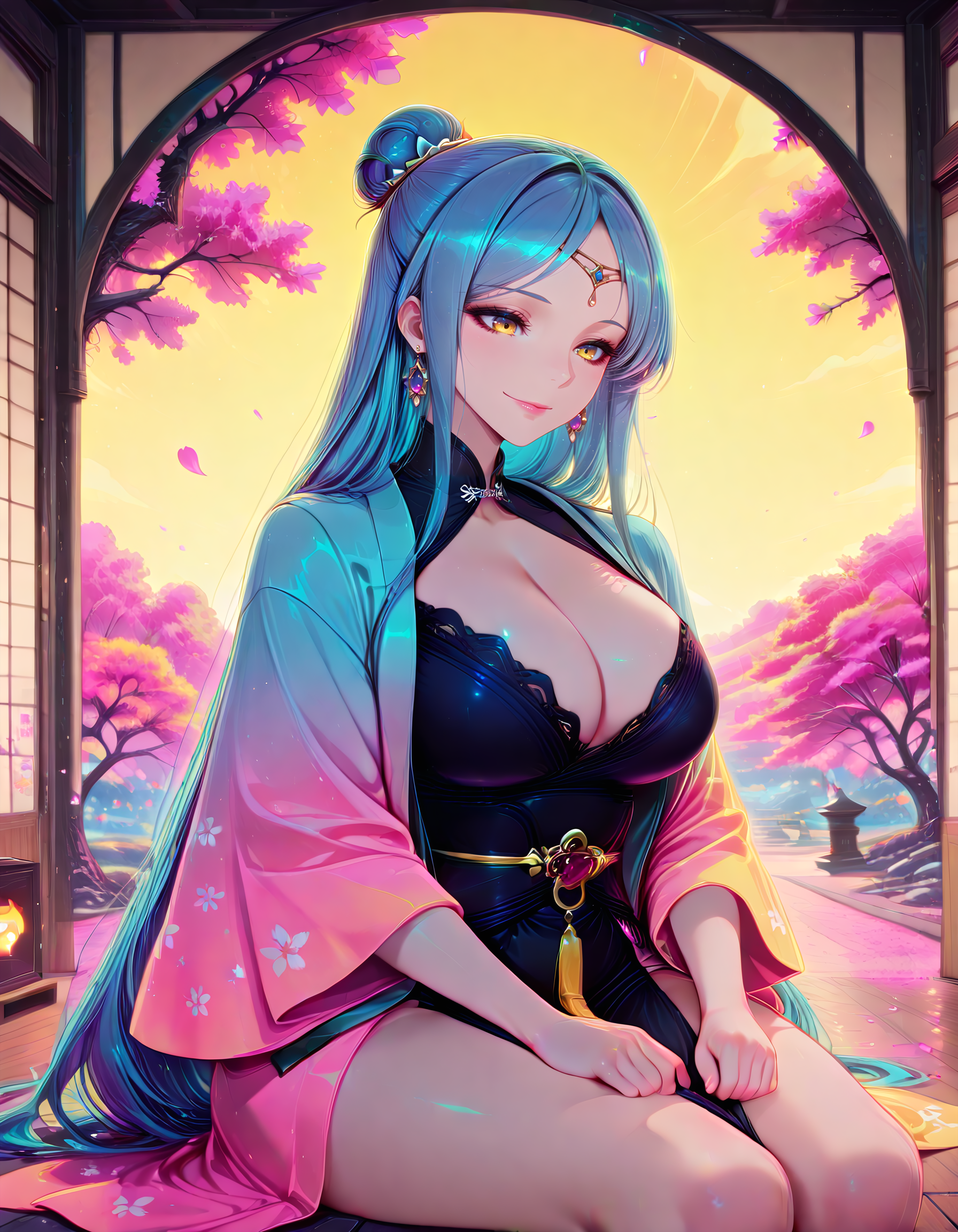 Smooth Quality <lora:ophelia_IL:1> ophelia, long hair, blue hair, single hair bun, mature female, circlet, yellow eyes, large breasts, jewelry, sidelocks, earrings, completeley nude, 1girl, cherry_blossoms, cleavage, closed_mouth, falling_petals, haori, looking_down, petals, sitting, smile, solo, petal-covered_garden_path, open_pavilion_nearby, soft_spring_colors, meditative_pose, peaceful_nature_integration, (chyan:1.5),, <lora:PinkieNeonAnimeIL:1> pinkneonanime, detailed eyes, detailed face, detailed skin <lora:DetailedEyes_V3:1> <lora:cfg_scale_boost:0.7> <lora:SkindentationIL3.4_alpha16.0_rank32_full_400steps:5> <lora:Crazy_Btch_-_Psychopath_expression:1> psych0path