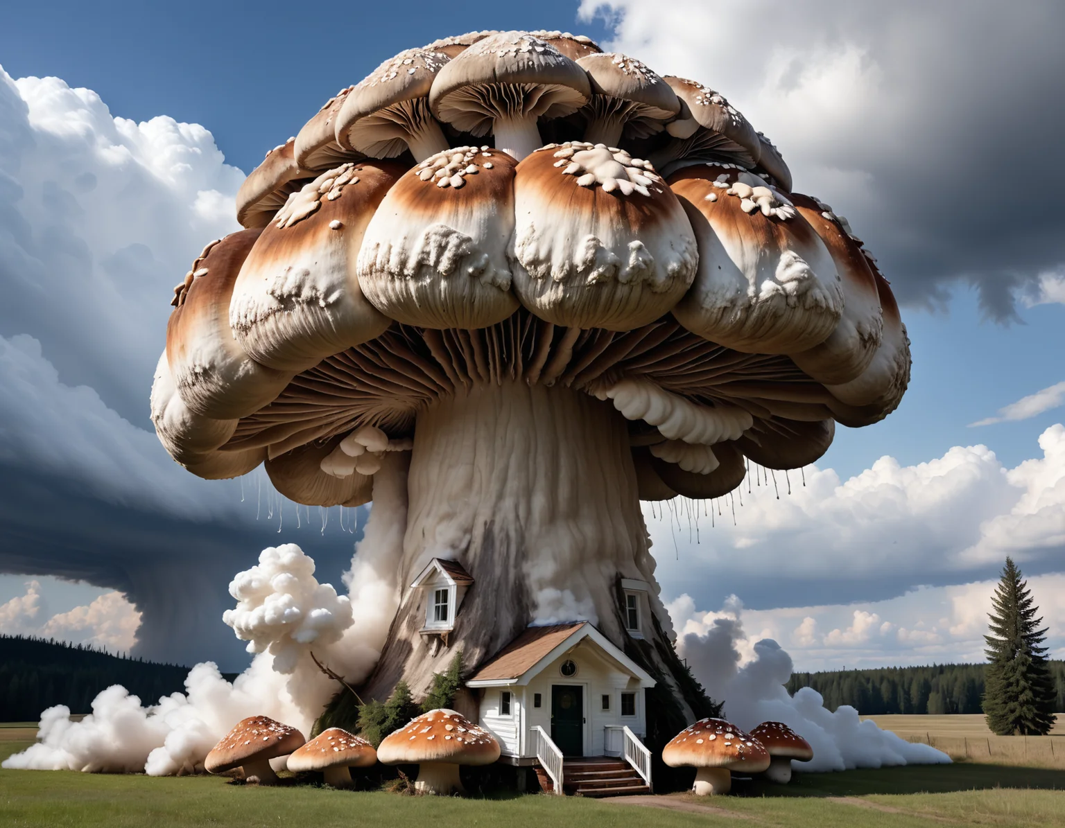 a giant mushroom cloud made out of real mushrooms