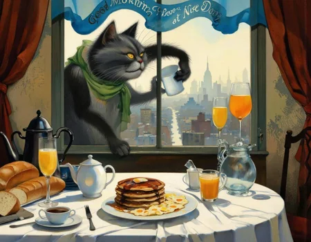 <lora:chzcat:1>, This image is a digital painting depicting a whimsical, surreal breakfast scene. The central figure is a large, anthropomorphic gray cat with a playful, mischievous expression, standing menacingly on the windowsill. The cat has a green scarf around its neck and is holding a coffee mug in its left paw. Its right paw is extended towards the table, as if reaching for something., 
The table, positioned in front of the window, is cluttered with breakfast items. On the left side, there are two loaves of bread, a coffee pot, and a teapot. In the middle, a stack of pancakes with syrup and a plate of scrambled eggs are arranged neatly. On the right side, there are two orange juices, one in a glass and the other in a mug. A white cloth is draped over the table, and a blue banner with the text "Good Morning, Have a Nice Day" hangs above the window., 
The background reveals a foggy, misty morning scene with a city skyline visible through the window. The colors are warm and inviting, with a mix of browns, greens, and oranges dominating the scene. The style of the painting is vibrant and expressive, with a touch of fantasy and whimsy.