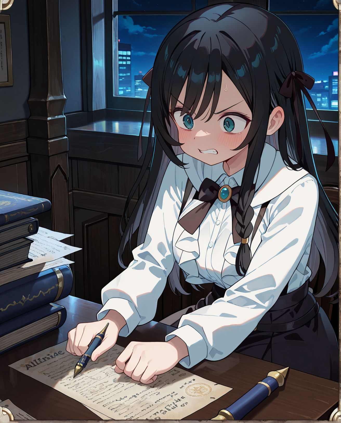 masterpiece,best quality,amazing quality,very aesthetic,absurdres,newest, huge filesize,
<lora:spo_sdxl_10ep_4k-data_lora_webui:0.5>,anime coloring, anime screenshot, flat color, 
<lora:add-detail-xl:1>
<lora:girumasu:1>girumasuV1,
1girl,
skirt,
solo,
long hair,shirt,
white shirt,
black skirt,black hair,
g_alina, sitting,  working,write,paper,desk, angry, teeth, 
Adventurer's Guild Document Counter,work overtime,
dark theme,night,