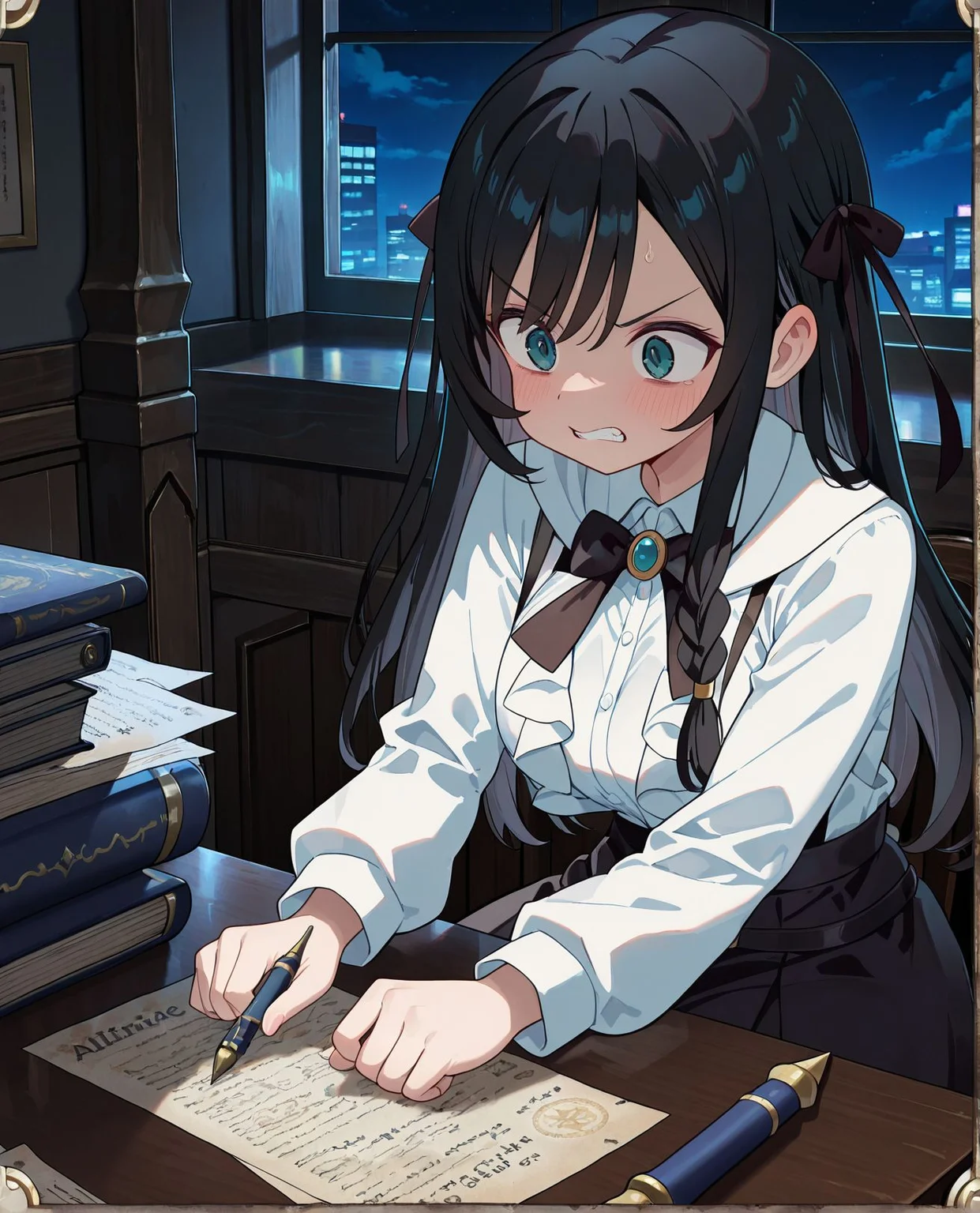 masterpiece,best quality,amazing quality,very aesthetic,absurdres,newest, huge filesize,
<lora:spo_sdxl_10ep_4k-data_lora_webui:0.5>,anime coloring, anime screenshot, flat color, 
<lora:add-detail-xl:1>
<lora:girumasu:1>girumasuV1,
1girl,
skirt,
solo,
long hair,shirt,
white shirt,
black skirt,black hair,
g_alina, sitting,  working,write,paper,desk, angry, teeth, 
Adventurer's Guild Document Counter,work overtime,
dark theme,night,