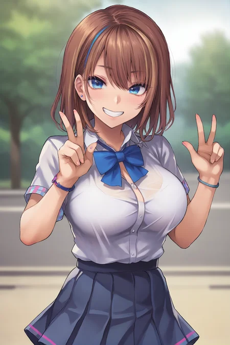 score_9,
<lora:meme50_v1_lite:1>,
gyaru, medium hair, brown hair, multicolored hair, large breasts, dark blue eyes,
school uniform, dress shirt, skirt, bowtie,
cowboy shot, grin, peace sign,
high resolution, Masterpiece