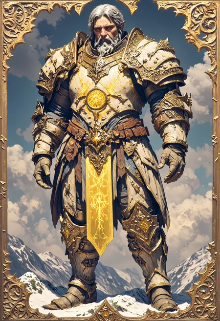photoréalistic highly detailed  high-resolution  body-Shot photography featuring Tirion Fordring Old Noble Paladin, blue eyes, a wears a grey beard, grey mustache and grey long hair,he have large shoulders  .he wears a haighly detailed golden plate armor, he wears bearings, and gauntelts made yellow stained glass that glows with holy light, bordered with gold.He wears a long  tabard bordered with gold , the center is aborned with a glowing sun. He's handling a legendary sword of light named ashbringer with a big golden coin that glows embedded in the blade. he stands on a mountain .clear with some cloud and the sun is setting casting a warm atmosphere