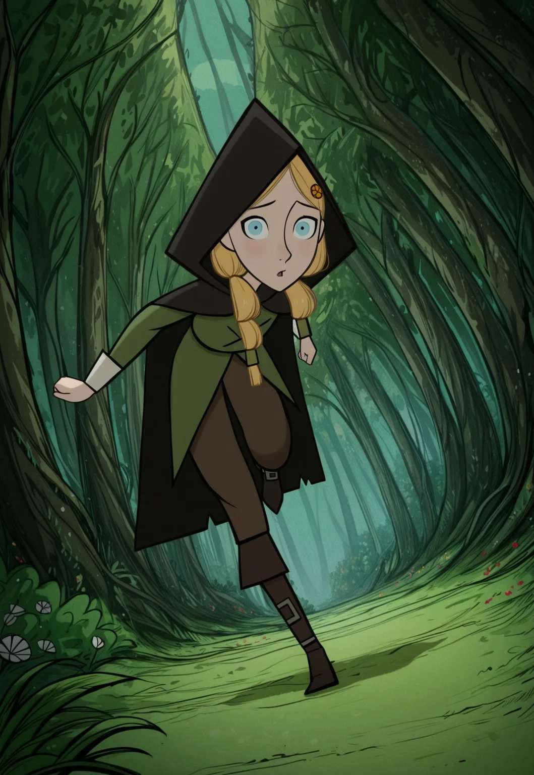 handsfree, masterpiece, best quality, amazing quality, very aesthetic, 1girl, solo, outdoors, forest, full body, looking at viewer, dynamic pose, dynamic angle,
robyn_hunter_hood, blue eyes, blonde hair, hair ornament, hood, brown pants, flower, hood up, long hair, hair over shoulder