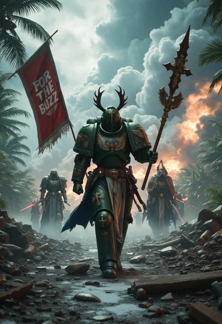 cinematic film still, low angle, ground up view, DarkA40k walking dramatically towards camera on a snowy jungle battlefield, clad in intricate and ornate power armor. In his right hand, he holds a large banner that says “For the Buzz”. The background features a tumultuous sky with swirling storm clouds and a debris-covered ground, hinting at a recent battle. Other knights and demons are visible in the chaotic scene, with rich, vibrant colors and meticulous textures throughout, shallow depth of field, highly detailed, bokeh, moody, epic, gorgeous, film grain, grainy