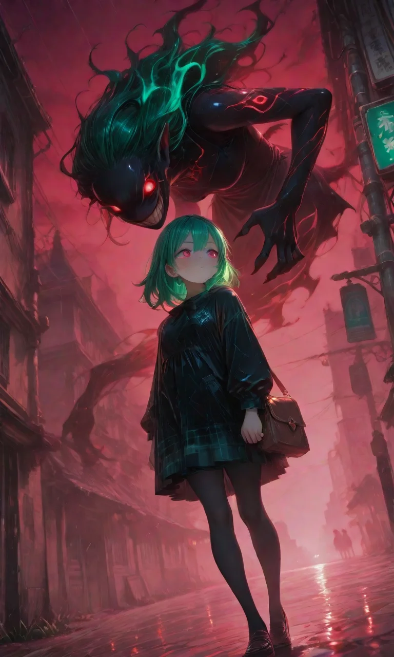 <lora:LCMV2-PONYplus-PAseer:1>
<lora:illustriousXL_stabilizer_v1.72:1>
<lora:DetailedEyes_V3:1>
<lora:Nightmare_Paralized_IL:1>
1girl, arms at sides, bag, black dress, black legwear, blood, blush, bow, city, evil grin, facing away, fire, flying, glowing, glowing eyes, green hair, hand in pocket, holding bag, jewelry, loafers, looking at viewer, looking away, medium hair, night, outdoors, plaid, rain, red sky, scenery, shoes, sign, solo, standing, water, weapon