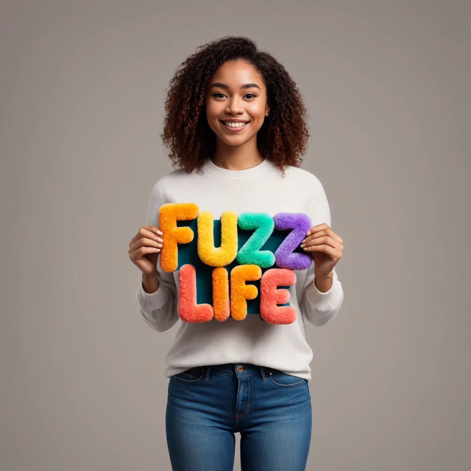<lora:Harrlogos_v2.0:1> (FUZZ LIFE text logo:1.3), woman holding a colorful martius_fuzz sign <lora:Colorful_Fuzzy_Style:1.0>