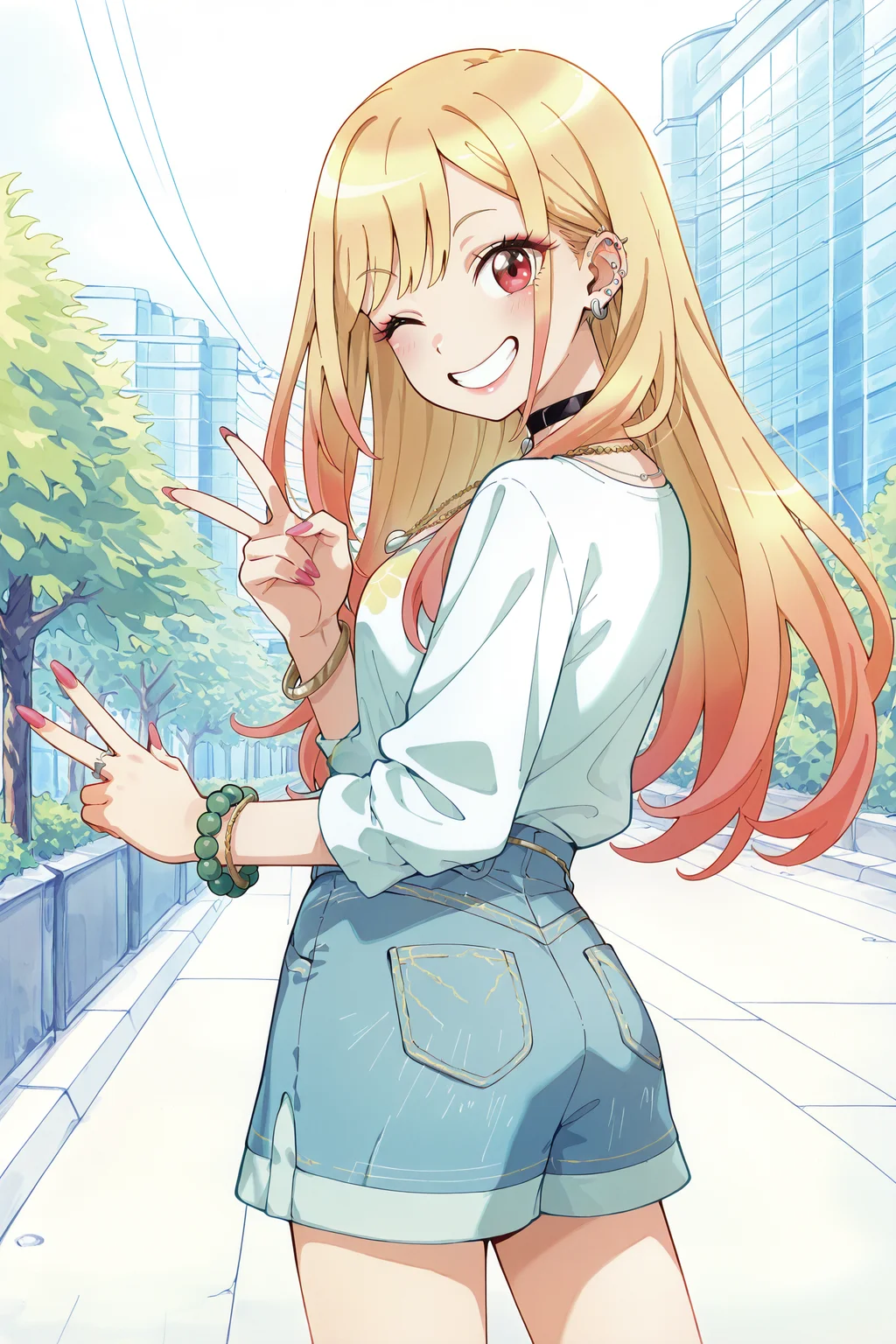 <lora:Shinsuke_Komaki_artist_style:1>
outside,
kitagawa marin, 1girl, blonde hair, long hair, multicolored hair, red eyes | pink nails, nail polish, fingernails, jewelry, earrings, ear piercing, necklace, choker, barbell piercing, bracelet, cowboy shot, from behind, looking back at the viewer, smile, grin, one eye closed, wink, V peace sign
