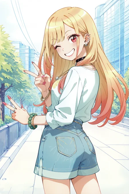 <lora:Shinsuke_Komaki_artist_style:1>
outside,
kitagawa marin, 1girl, blonde hair, long hair, multicolored hair, red eyes | pink nails, nail polish, fingernails, jewelry, earrings, ear piercing, necklace, choker, barbell piercing, bracelet, cowboy shot, from behind, looking back at the viewer, smile, grin, one eye closed, wink, V peace sign