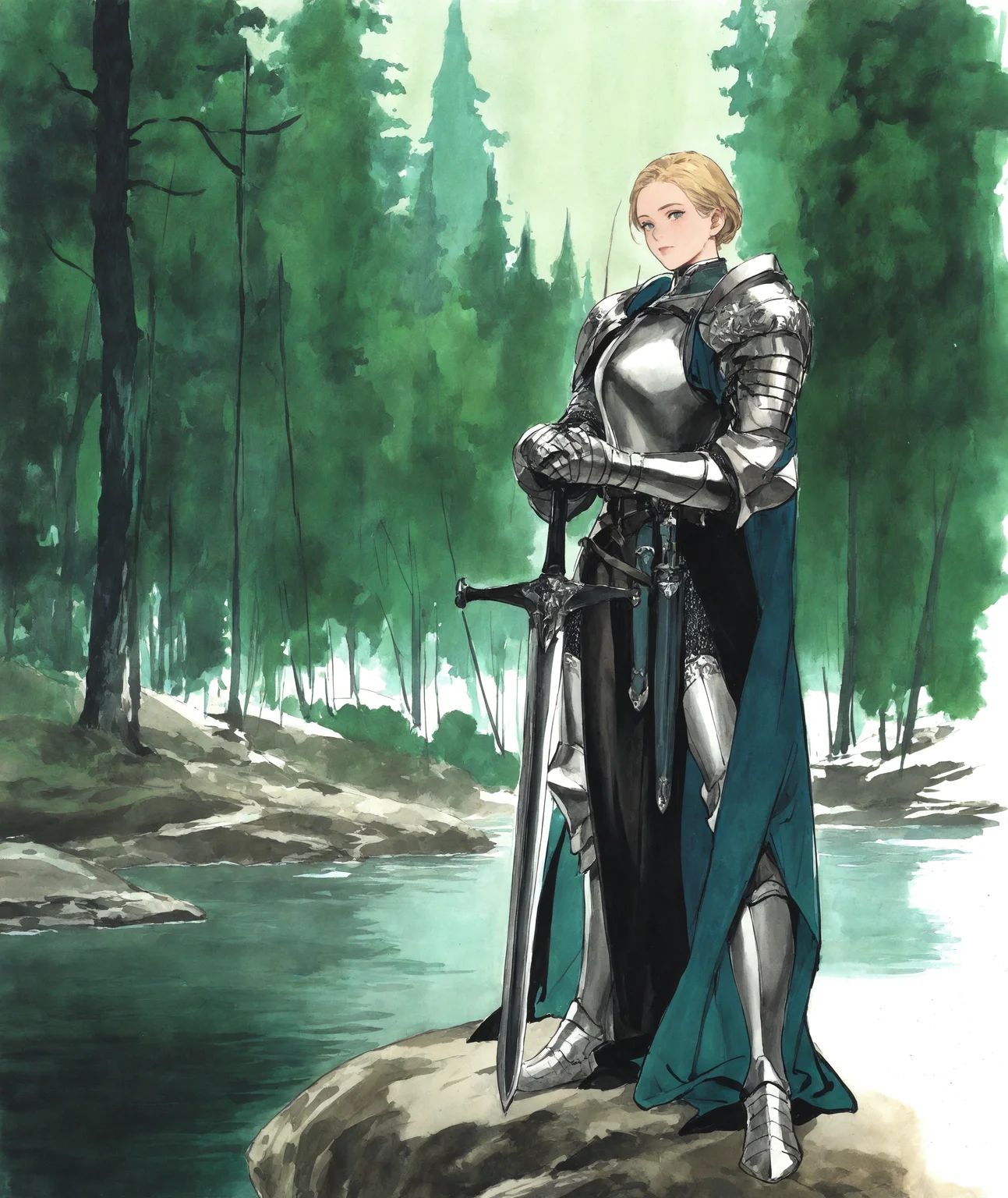 solo, looking at viewer, short hair, blonde hair, 1girl, closed mouth, standing, full body, male focus, weapon, sword, cape, armor, own hands together, shoulder armor, gauntlets, pauldrons, armored boots, greaves, forest, sulnight, lake, green theme,
leaning on a sword
traditional media,
<lora:freehandink_NOOB1.0_V-PRED:1>
masterpiece, best quality, newest, absurdres, highres