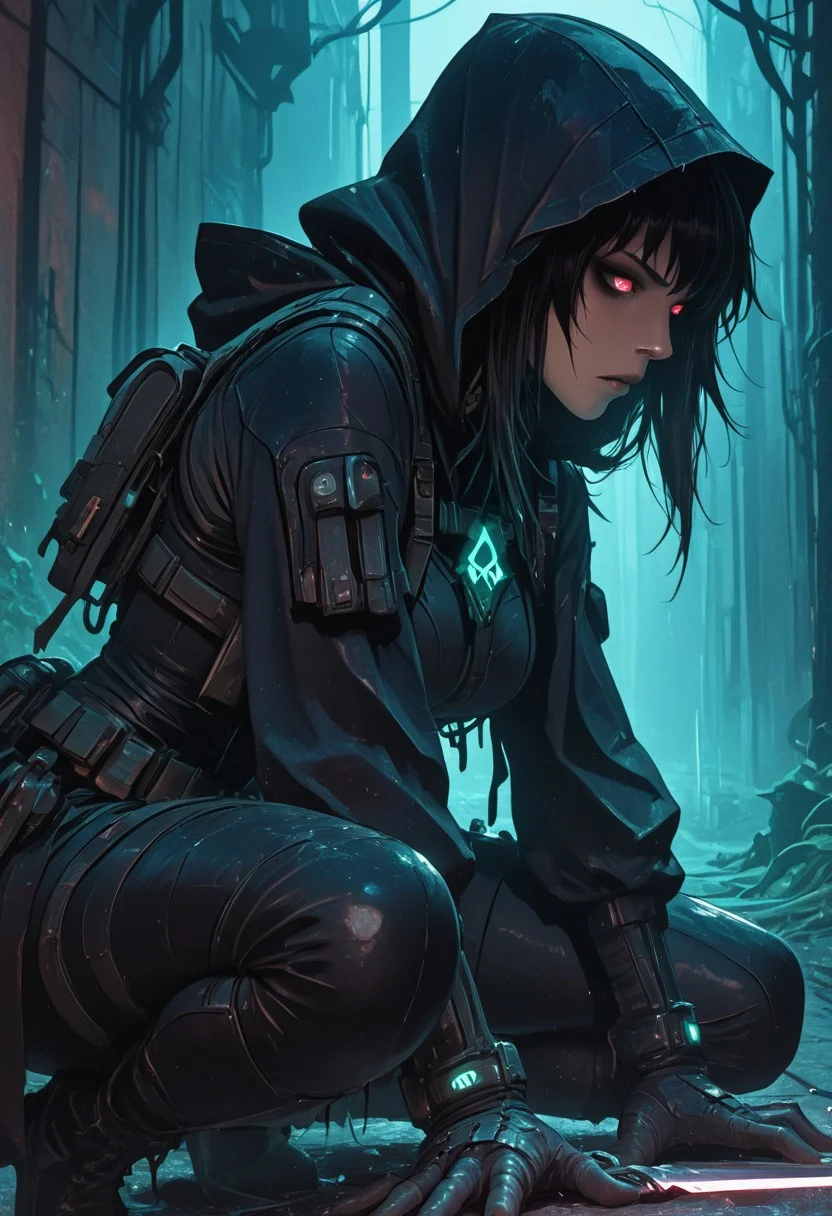 (masterpiece), (best quality), (ultra-detailed), 1girl, female assassin, intense expression, crouched in shadows, dramatic lighting, moody atmosphere, dark hooded outfit, tight black tactical gear, glowing eyes in the dark, knife in hand, mid-strike pose, urban gothic setting, cinematic shadows, glowing rim light, stealthy movement, rain-slick alley, highly detailed fabric and weapon textures, strong dynamic pose, foreshortening, mysterious aura, anime style, sharp angular features, noir vibes,