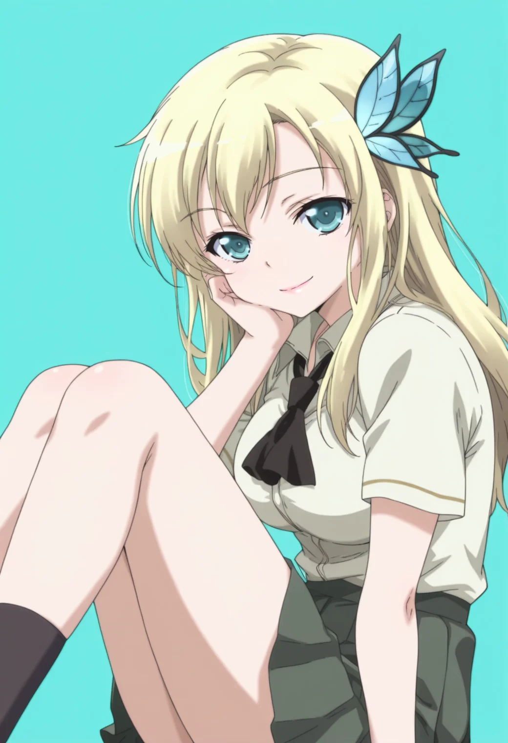 anime screencap, anime coloring, ,     <lora:DX888Sena:1> kashiwazaki sena, aqua eyes, blonde hair, long hair, butterfly hair ornament, school uniform, white shirt, ascot, pleated skirt,  BREAK  aqua background, heaven condition,( simple background:1.2), BREAK     1girl, breasts, closed mouth,  hand on own cheek, hand on own face, knees together feet apart, legs up, light smile,  looking at viewer, sitting, from side,