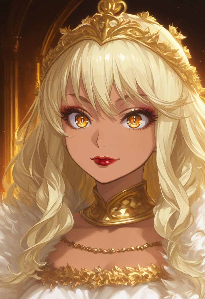 score_9, score_8_up, score_7_up, source_anime, anime screencap, Solo, anime, darkness, (Background: palace, empire, gilded, ornate), shadow, Fantasy, solo, 1girl, HD, Perfect-Details, perfect face, perfect body, official art, perfect lighting, epic lighting, dramatic lighting, cheerful, energetic, cute, pretty, happy, embellished-ornate clothing, dramatic, epic, perfect eyes, detailed iris, HD pupils, golden pupils, golden eyes, tan skin, gyaru, empress, delinquent, regal, ancient Greek, professional, imperial, lipstick, Circlet, crown