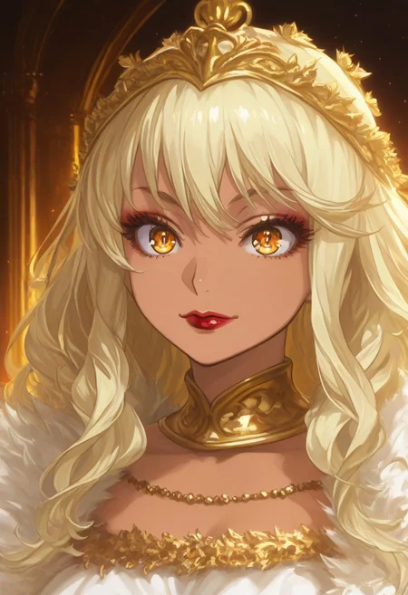 score_9, score_8_up, score_7_up, source_anime, anime screencap, Solo, anime, darkness, (Background: palace, empire, gilded, ornate), shadow, Fantasy, solo, 1girl, HD, Perfect-Details, perfect face, perfect body, official art, perfect lighting, epic lighting, dramatic lighting, cheerful, energetic, cute, pretty, happy, embellished-ornate clothing, dramatic, epic, perfect eyes, detailed iris, HD pupils, golden pupils, golden eyes, tan skin, gyaru, empress, delinquent, regal, ancient Greek, professional, imperial, lipstick, Circlet, crown