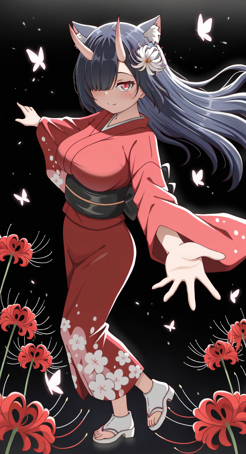 masterpiece, cute, lovely, newest, absurdres, (best quality:1.3), amazing quality, very aesthetic, 1girl, solo, high_resolution, hq, 4k, BREAK. high gradient eyes, very cute, light particles, cute details, cute colors, (Poa_Mellhen_Style), oni, oni horns, dark blue hair, straight hair, blunt bangs, pink eyes, slit pupils, (big breasts:0.7), naughty face, smug, BREAK, animal ears, portrait, cat ears, expressionless, floating hair, hair flower, japanese clothes, kimono, Butterfly, shoes, toeless footwear, yukata, looking at viewer, looking to the side, outstretched arms, outstretched hand, reaching, spread arms, flower, spider lily, solo, glitch, black background, from side, foreshortening, full body, closed mouth, digital dissolve, pixelated, one eye covered, reaching towards viewer, red flower, red kimono, white flower, white footwear, intricate details, vivid colors, smooth shading, dynamic lighting, professional illustration, soft gradients, balanced composition, elegant pose, high-resolution, sharp focus, 8k, hdr, crisp lines, perfect lighting, sharp eyes, detailed eyes, highly detailed