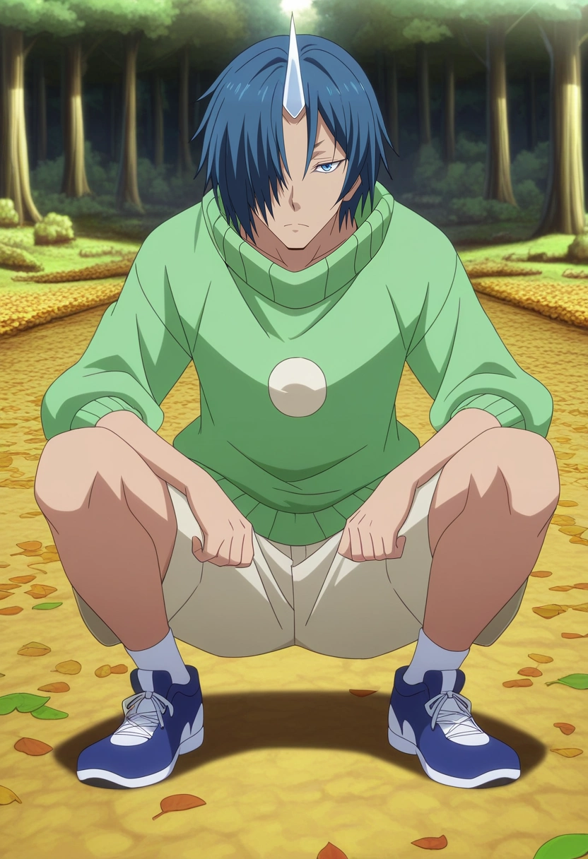 masterpiece, best quality, , anime screencap, , , looking at viewer, 1boy, solo, male focus, <lora:souei_tensura_ilxl:1>, souei_tensura, blue hair, blue eyes, hair over one eye, single horn, , forest laboratory, tree stations, leaf analysis, research platforms, experimenting pose, analytical expression, filtered light, ElectricBlue Chambray Ombre Pleated khaki shorts, Fleece pullover, Athletic shoes, , and