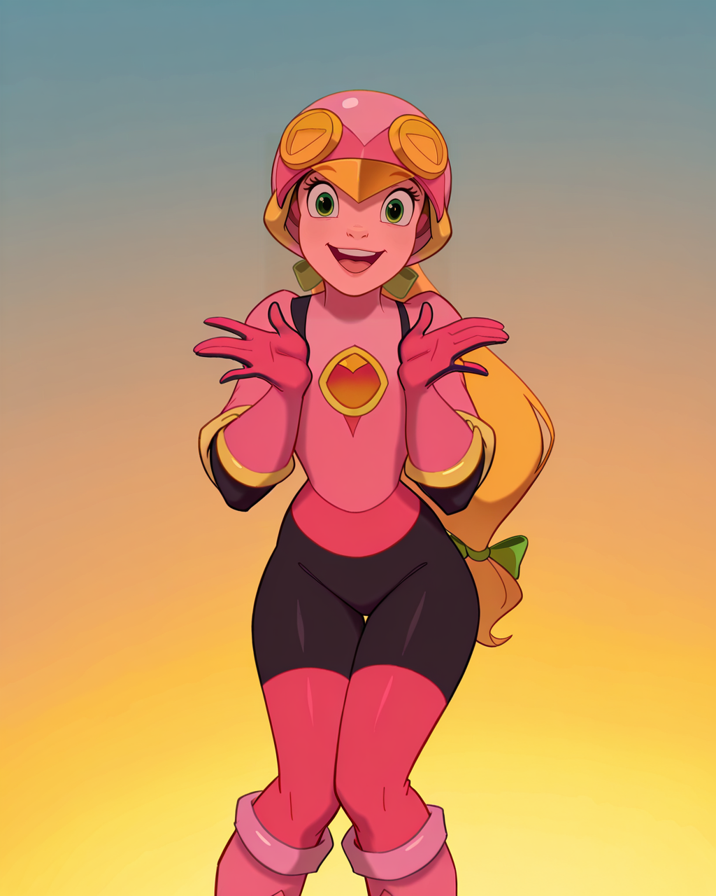 masterpiece, best quality, amazing quality, absurdres, DisneyRenstyle, rollexe, 1girl, solo, helmet, green eyes, gloves, smile, open mouth, blonde hair, long hair, :d, looking at viewer, ribbon, pink boots,<lora:Disney_Renaissance_IllustriousV1:1>  <lora:Roll.exe:1>