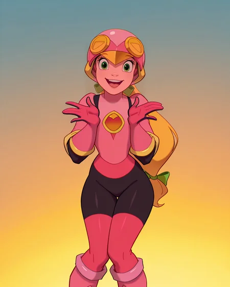 masterpiece, best quality, amazing quality, absurdres, DisneyRenstyle, rollexe, 1girl, solo, helmet, green eyes, gloves, smile, open mouth, blonde hair, long hair, :d, looking at viewer, ribbon, pink boots,<lora:Disney_Renaissance_IllustriousV1:1> <lora:Roll.exe:1>