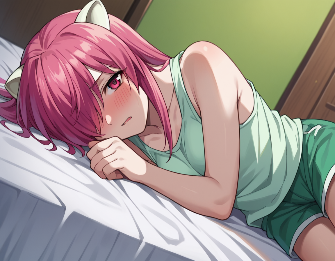 score_9, score_8_up, score_7_up, source_anime,
elfenliedlucy, <lora:elfen-lied-lucy-ponyxl-lora-nochekaiser:1>
lucy, long hair, pink hair, horns, pink eyes, hair over one eye,
shorts, tank top, green shorts, white tank top,
indoors, bed, bed room, on side, blush, drunk,
looking at viewer, dutch angle, cowboy shot,