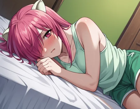 score_9, score_8_up, score_7_up, source_anime,
elfenliedlucy, <lora:elfen-lied-lucy-ponyxl-lora-nochekaiser:1>
lucy, long hair, pink hair, horns, pink eyes, hair over one eye,
shorts, tank top, green shorts, white tank top,
indoors, bed, bed room, on side, blush, drunk,
looking at viewer, dutch angle, cowboy shot,