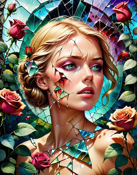 Positive prompt:
Compose a deeply emotional and visually stunning image featuring a young Norwegian woman, face as cracked broken glass, natural skin, in the Garden of Eden, with delicate multicolored roses, incorporate abstract art elements conveying a broken glass effect, conveying shattered memories and a tinted background with vivid shades to enhance the emotional impact, include rose thorns dripping with blood, adding to the overall beauty and evocative nature of the piece, hyper-detailed and intricate elements, The dramatic atmosphere enhances the overall high-quality and detailed nature of this stunning piece of artwork, style of Josan Gonzalez,