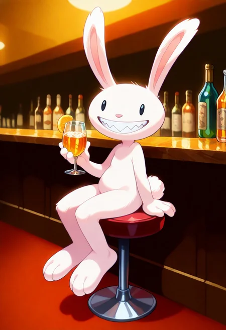 [#furry🐇],side_light, 4k,(masterpiece:1.4),(best quality:1.4),(high resolution:1.4),Ultra HD, HDR,(hyperdetailed),smooth lighting,source_anime,very aesthetic,intricate details,intense,highres,vibrant colors,detailed_shadows, detailed_reflections,high-quality textures,depth of field,good shading,studio quality,epic lighting,digital illustration,path_tracing,rtx_on_styled_lighting_and_reflections,<lora:add-detail-xl:1>,looking at viewer,unblurred,perfect composition,intricate details,incredibly absurdres,
(masterpiece, high quality, best quality:1.2), max /(sam and max/), solo, bar, sitting, bar stool, smile, holding beverage, Max The white lagomorph bunny with pearl white fur and black dot eyes. Max has a small pink nose and razor sharp teeth, Shortstack, Lagomorph feet, bunny ears, white fur, pink inner ear, black sclera, wide smile, Male bunny, anime style, male, male solo,