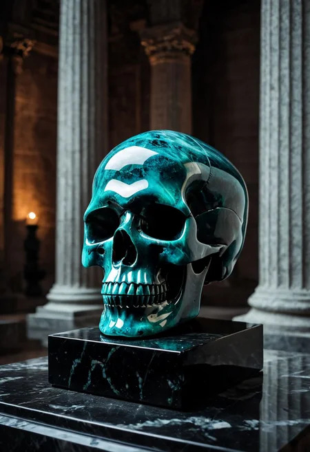 Fujifilm XT3, Sony A7 IV, (award winning photography) a black marble skull made of opal set on a pedestal in temple, glistening. in the background beautiful pillars, divine (iridescent: 0.79), opalescent textures, volumetric light, ethereal, sparkling, studio photo, highly detailed, sharp focus (highest quality: 1.39) (highest coherency: 1.39) (award winning photography), highly detailed photography, (muted colors, cinematic, dim colors, soothing tones:1.2), vibrant, insanely detailed, hyperdetailed, (dark shot:1.2), (vsco:0.3), (intricate details:0.9), (hdr, hyperdetailed:1.2) (vignette), sss