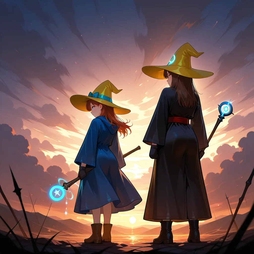 2girls, back to back, contrast lighting, mysterious aura, dramatic stance, cloudy sky, aftermath battlefield, glowing staff,
2girls,<lora:BlackMage_CostumeV2_Illustrious:0.9>,Blackmage_cos,black robe,witch hat,yellow_headwear,wide ,sleeves,gloves,hat ornament,sash,boots,holding staff,
2girls,<lora:BlackMage_CostumeV2_Illustrious:0.9>,Blackmage_cos,blue robe,witch hat,yellow_headwear,wide ,sleeves,gloves,hat bow,boots,bow,holding staff,, masterpiece, best quality, amazing quality, newest