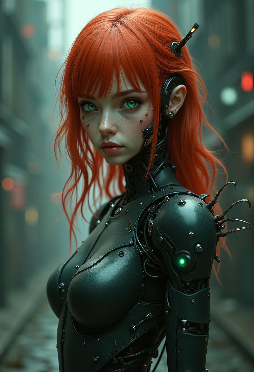 In the ethereal glow of dusk, amidst a harsh desert landscape, stands an anime-inspired cyborg, a breathtaking fusion of organic elegance and steampunk aesthetics. Her hair, a tangle of jellyfish tendrils, complements the rose-tinted lenses of her solitary pair of steampunk goggles. The setting sun casts a warm light on her face, highlighting her biomechanical features—a symphony of ancient and futuristic design. She dons high-neck urban techwear, protecting her torso while adding a fashionable edge. With the desert as a rugged backdrop, the scene takes on a surreal, hyper-detailed atmosphere, evoking a sense of wonder and intrigue as day turns to night