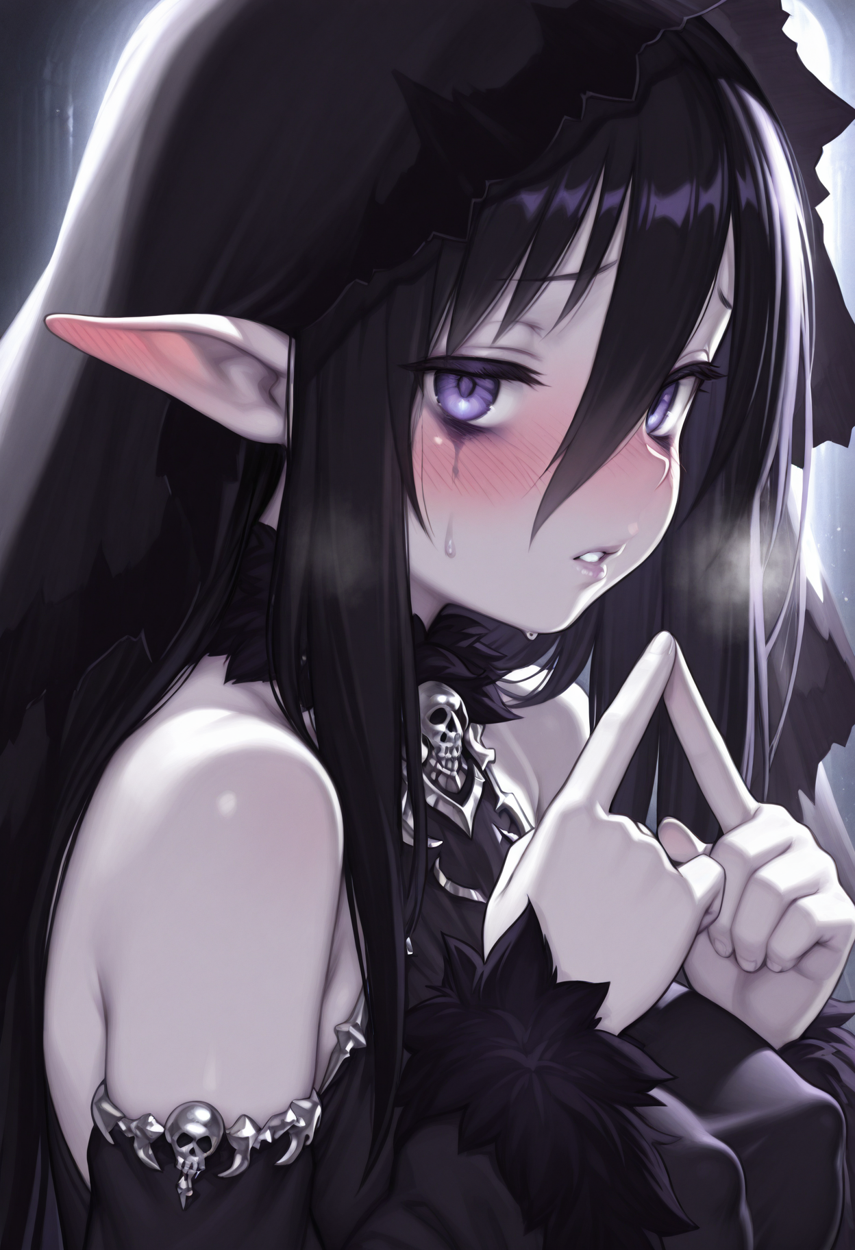 masterpiece, best quality, amazing quality, absurdres, perfect face, 20yo, 1girl,  solo, soft lighting, dynamic shadows, 
bansheemge, black hair, large breasts, pointy ears, covered nipples, hair between eyes, bare shoulders, very long hair, wide sleeves, detached sleeves, undead, veil, fur trim, black dress, purple eyes, parted lips, pale skin, monster girl, long sleeves, skull accessory, white skin, runny mascara,
breath, sweat, dynamic pose, dynamic angle, upper body, seductive, shy, face focus, close-up, index fingers together, from side, full-face blush, nervous,
looking at viewer,  detailed background, dark background, 
<lora:StS-Illustrious-Detail-Slider-v1.0:1> <lora:Dynamic lighting[IL]:0.6>  <lora:illustrious_quality_modifiers_masterpieces_v1:0.5>
 <lora:bansheemge2-000007:0.9>