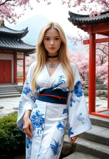masterpiece, best quality, highres, realistic, best quality,
score_9, score_8_up, score_7_up, 
1 girl, 20 years old, perfect face, cute, brown eyes, blonde hair, long hair, collar, gold full body tattoo, kimono, Japanese architecture, temple, spring, cowboy shot. vivid Background. detailed background. sexual atmosphere. creates. art. posing. erotic. midjourneyv6.1, perfection style, perfection, perfect face, perfect mouth, perfect eyes