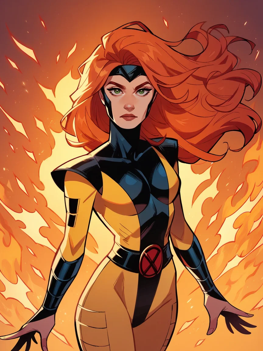 score_9, score_8_up, score_7_up, score_6_up, score_5_up, <lora:JeanGreyXLP:1> jean grey, 1girl, long hair, orange hair, yellow bodysuit, fire, looking at viewer, green eyes, floating hair
