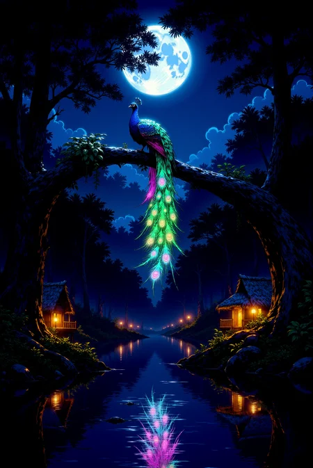 <lora:DGLO_style_v.7:0.75> DGLO style. Under the glow of a full, radiant moon, a majestic peacock perches on an ancient tree branch, its feathers glowing in mesmerizing neon hues of electric blue, vibrant green, and magenta. Each feather’s eye-like pattern pulses with energy, casting soft ripples of light that illuminate the surrounding foliage. The serene river below mirrors the glowing peacock, creating a kaleidoscope of shifting neon colors on its surface. The dense trees of the forest are cloaked in shadows, but their silhouettes are faintly outlined by the radiant light emanating from the bird. The distant huts, illuminated by the warm golden glow of lanterns, contrast beautifully with the cool neon brilliance of the peacock, blending tranquility with mystery. Camera angle: slightly from below, highlighting the feathers cascading down like a waterfall of light.
